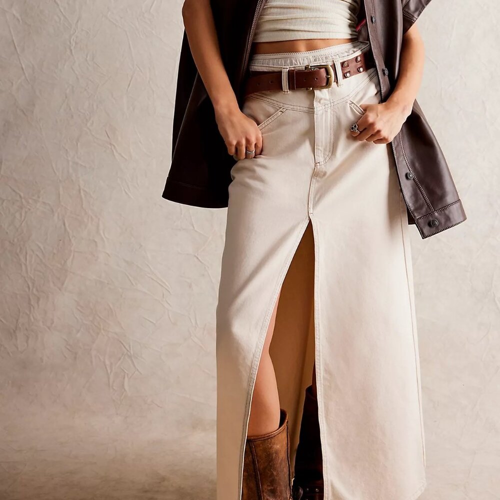 FREE PEOPLE WHITE DENIM MAXI SKIRT